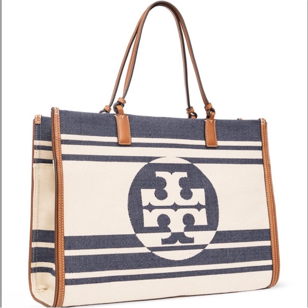 Tory Burch Navy and Cream Striped Ella Tote Bag